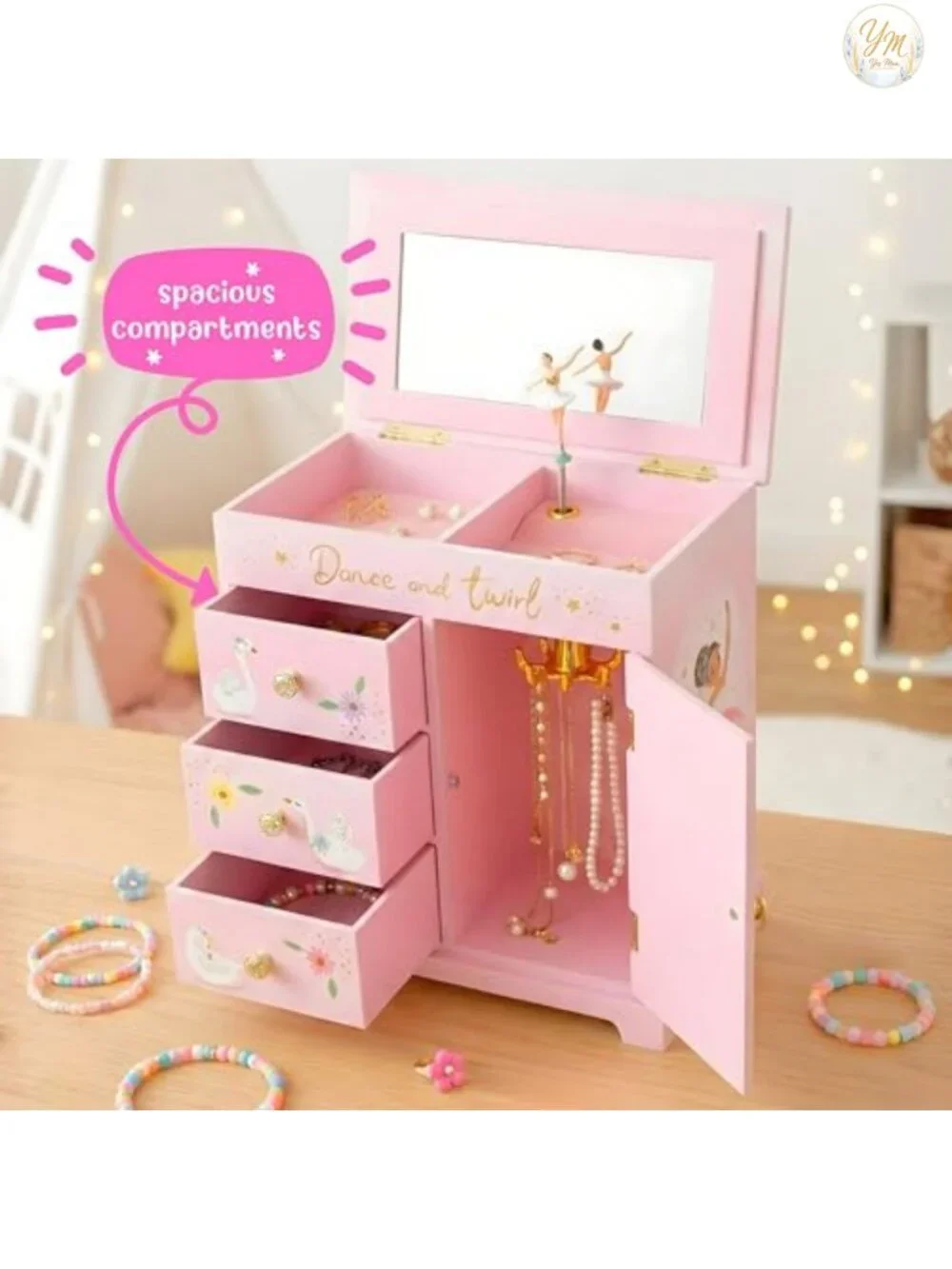 Ballerina Musical Jewelry Box for Girls with Drawers, Swan Lake Tune